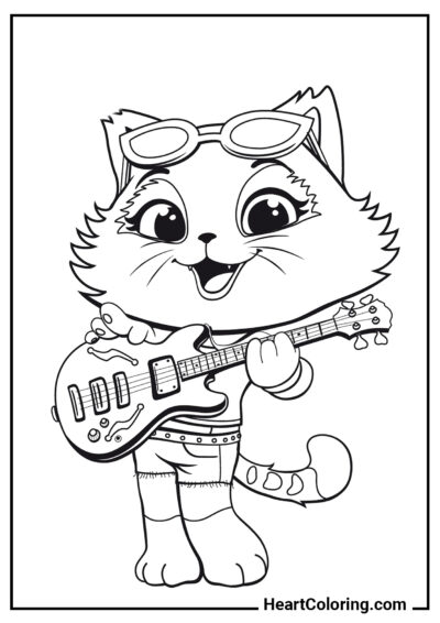 Gatito con guitarra bajo - Dibujos de Gatos y Gatitos para Colorear