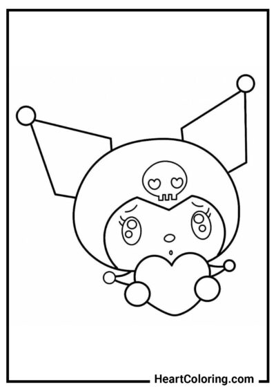 Kuromi fofa com um coração - Desenhos de Kuromi para Colorir