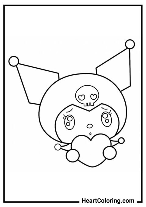 Kuromi fofa com um coração - Desenhos de Kuromi para Colorir