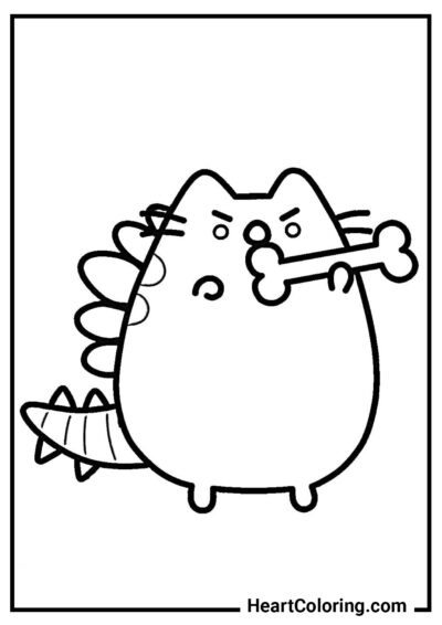 Aggressive Pusheen mit einem Knochen - Pusheen Ausmalbilder