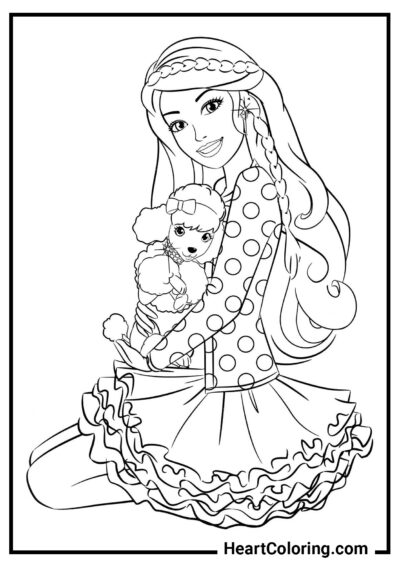 Linda muñeca con un perro - Dibujos de Barbie para colorear