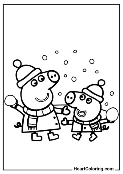 Peppa und George spielen Schneeballschlacht - Ausmalbilder von Peppa Pig