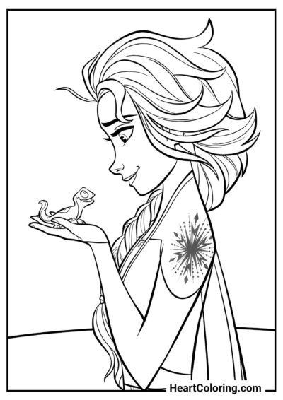 Elsa e lagarto fofo - Desenhos de Frozen para Colorir