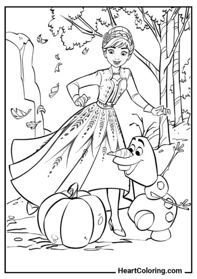 Anna e Olaf encontraram uma abóbora - Desenhos de Frozen para Colorir