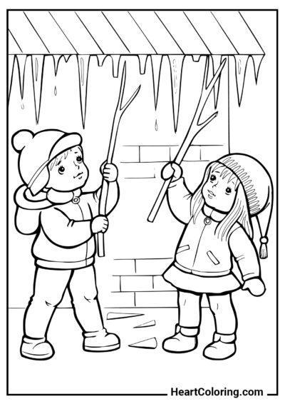 Enfants faisant tomber les stalactites - Coloriages de Printemps