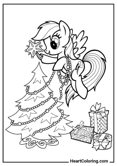 Rainbow Dash decora a árvore de Natal - Desenhos do My Little Pony para Colorir