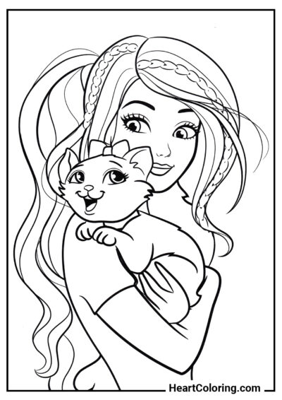 Barbie e gatto - Disegni da Colorare per Ragazze