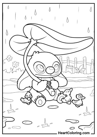 Stitch se resguarda de la lluvia - Dibujos de Primavera para Colorear