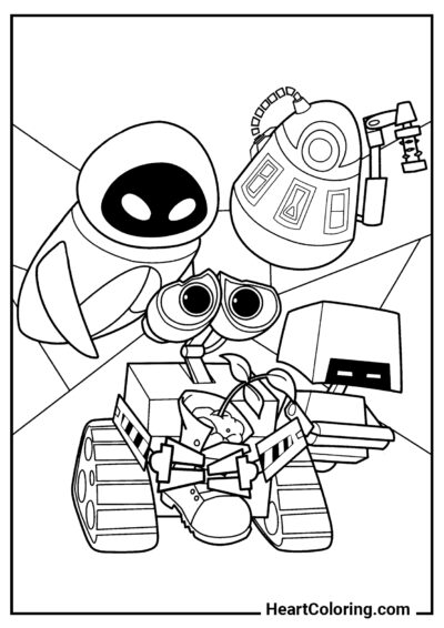 Wall-E avec des amis - Coloriage Robot