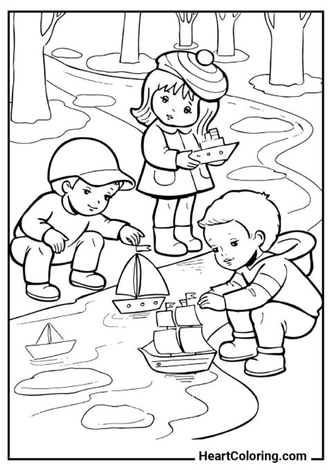 Niños con barcos - Dibujos de Primavera para Colorear