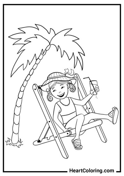 Niña alegre bajo una palmera - Dibujos de Verano para Colorear