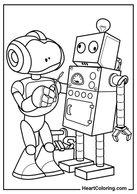 Robot arregla a un viejo amigo - Dibujos de Robots para Colorear