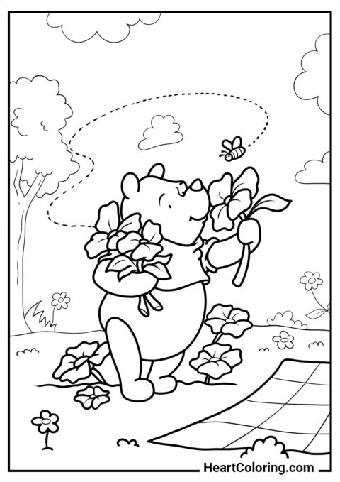 Winnie the Pooh y flores de primavera - Dibujos de Primavera para Colorear