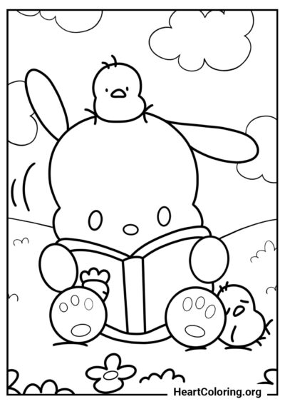 Lendo ao ar livre - Desenhos de Pochacco para Colorir