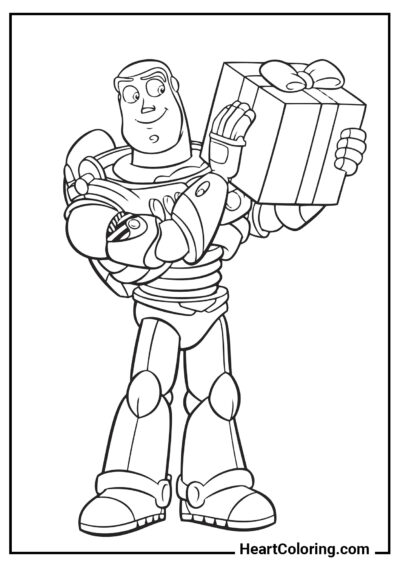 Buzz Lightyear con un regalo - Disegni Toy Story da Colorare