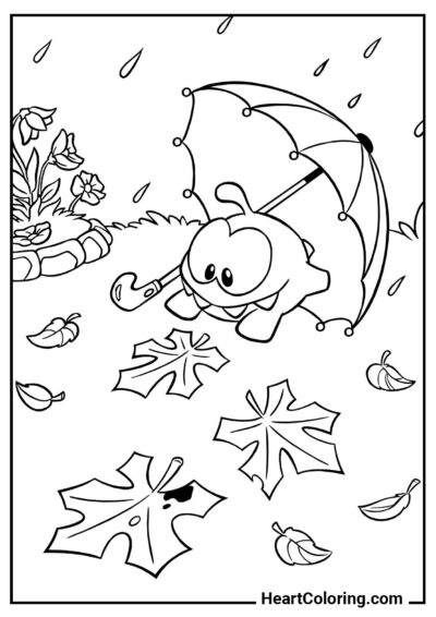 Om Nom debaixo do Guarda-Chuva - Desenhos de Outono para Colorir