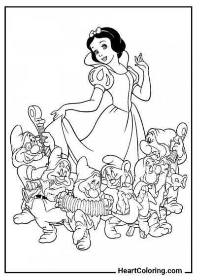 Bailando con los enanitos - Dibujos de Blancanieves para Colorear