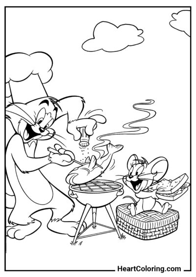 Friends at BBQ - Tom and Jerry Coloring Pages