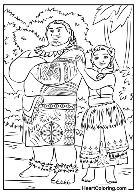 Chefe Tui e Sina - Desenhos de Moana para Colorir